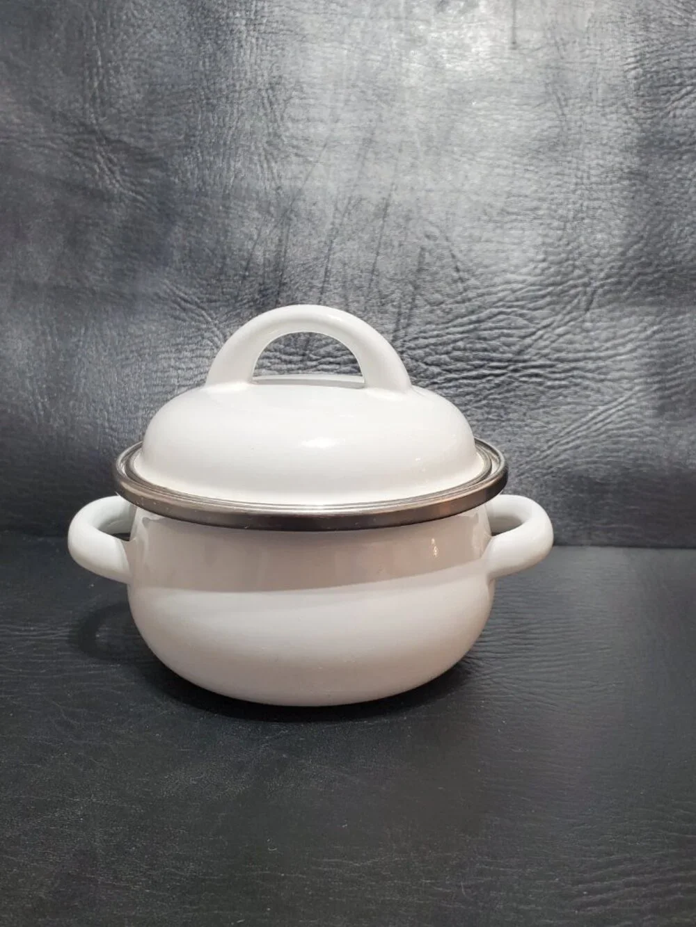 Vintage Retro Kitchenware Miniature White Enamel Cooking Pot with Lid